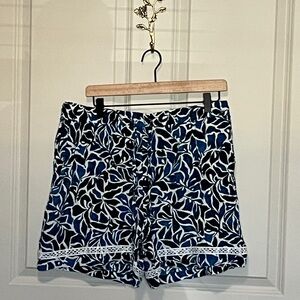 Robert Louis Blue Leaf-Print Shorts with White Lace Trim tropical print